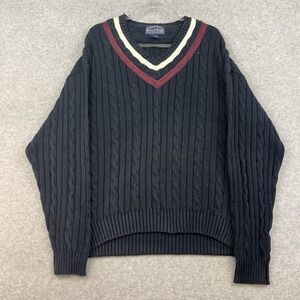 Vintage Bowen & Wright Sweater Mens L Blue Tennis Cable Knit White Red Patriotic